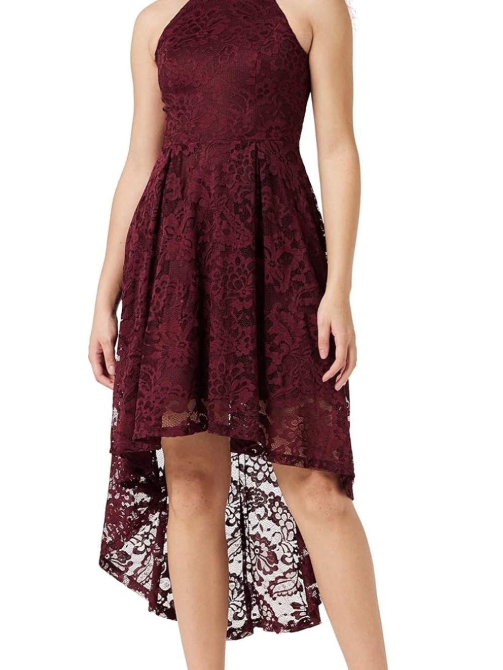 Sleeveless High-Low Lace Dress in Burgundy